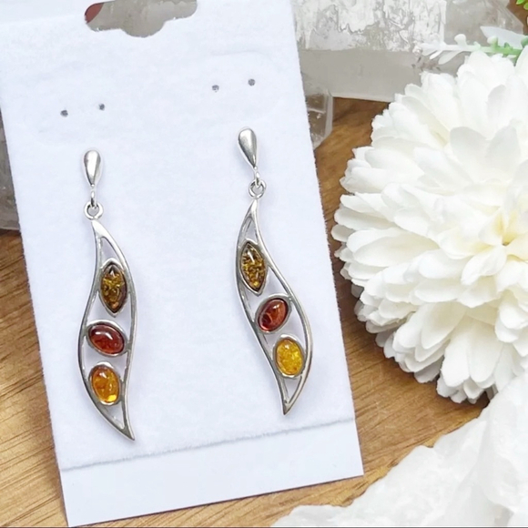 Jewelry - Solid Sterling Silver 925 Genuine Amber 3 Gemstone Earrings New